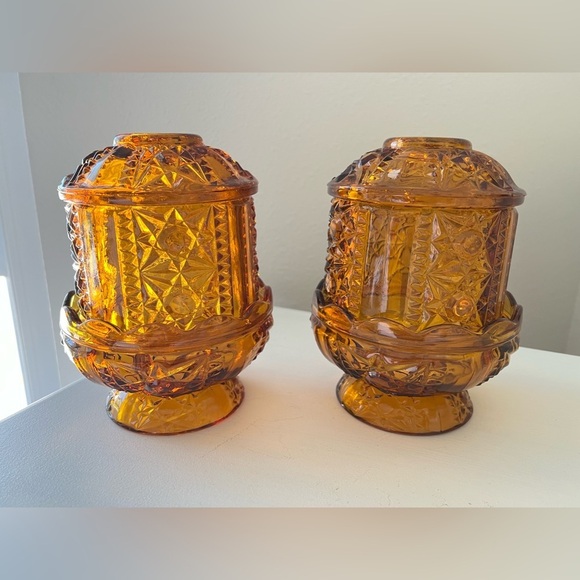 (2) Vintage Indiana Glass Amber Fairy Lamp Stars and Bars Candle Light Set